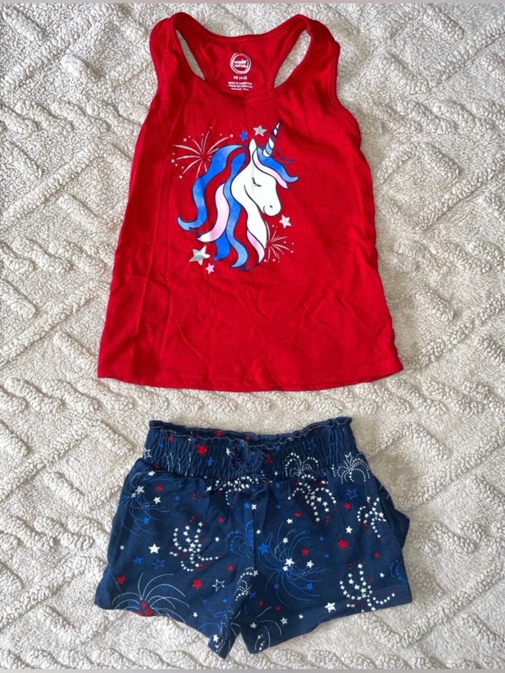 Girls XS (4-5) Unicorn Red White Blue Holiday Outfit - 2pc Tank Top & Shorts Set